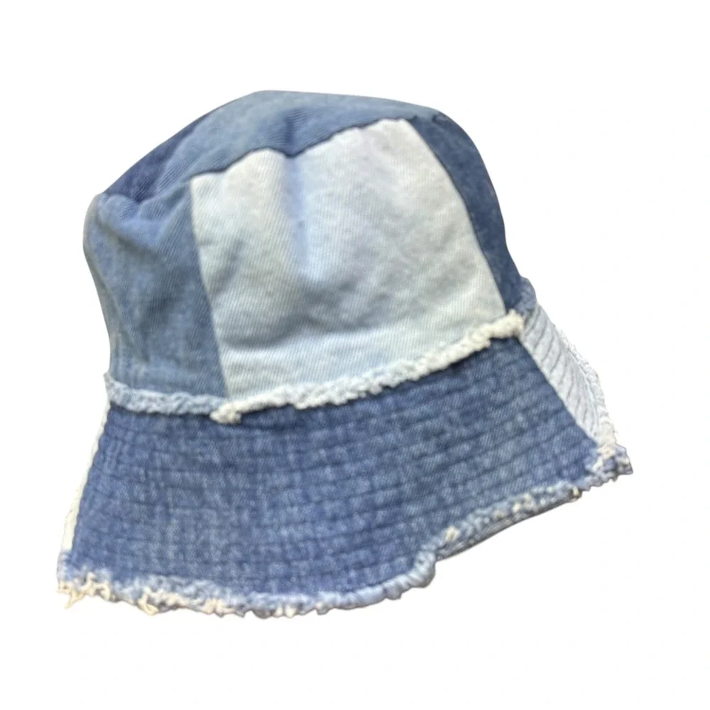 Garage‎ Patchwork Denim Bucket Hat Blue Frayed Raw Edge Y2K Festival One Size